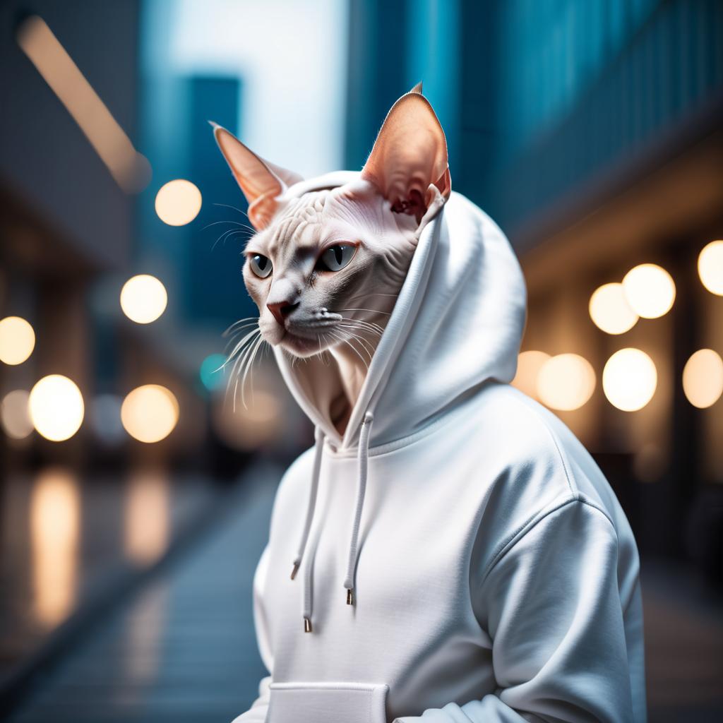 sphynx cat in a white hoodie, showcasing a modern urban setting with a cute and stylish look.