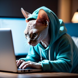 sphynx cat as a programmer, working on a laptop in a hoodie, capturing a cute and happy moment.