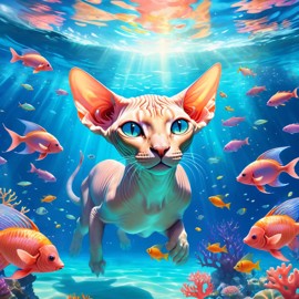 sphynx cat swimming in a magical blue ocean with colorful fish and coral reef, capturing a dreamy and adventurous underwater scene.