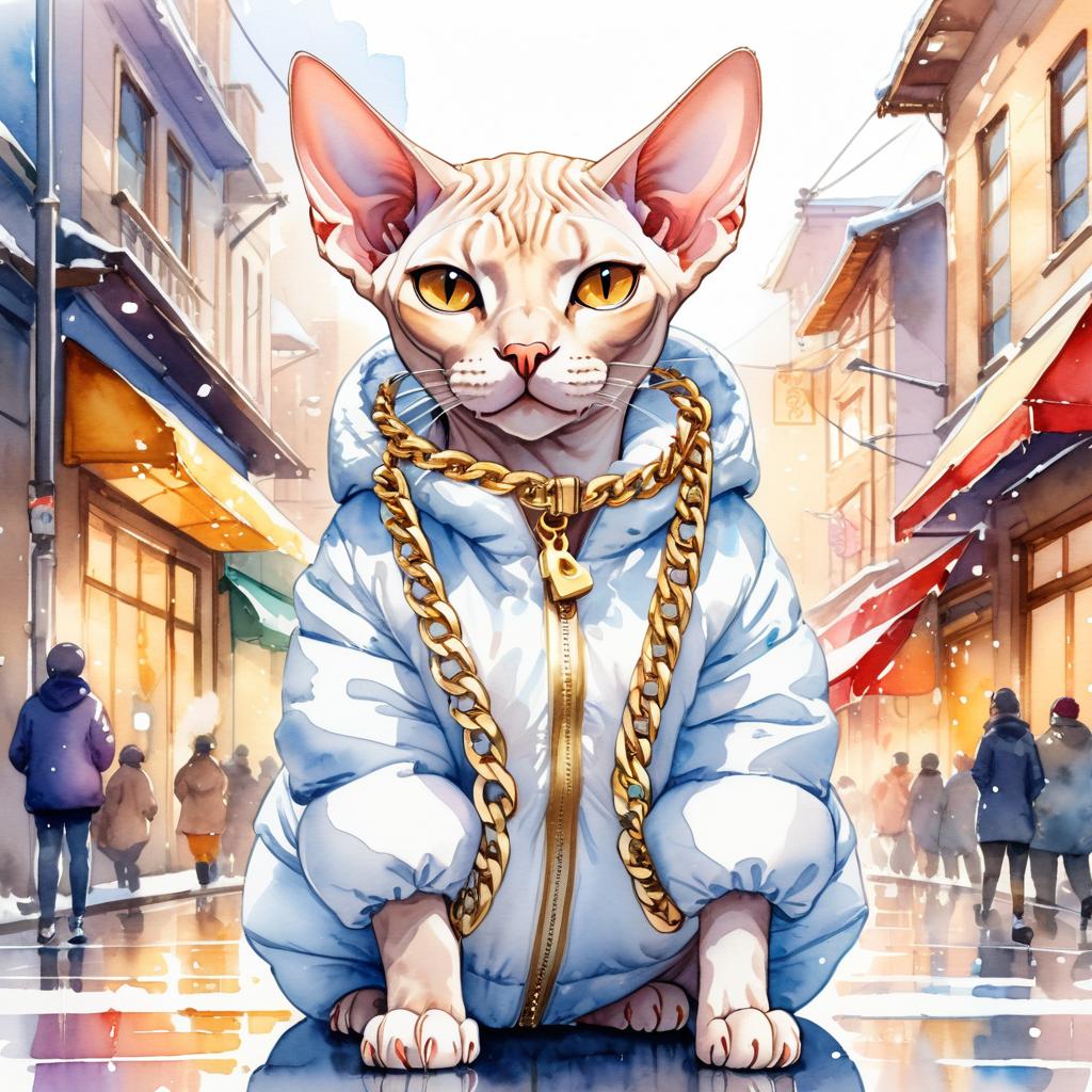 watercolor painting of sphynx cat in a white puffer coat with golden hip hop chains, set in a posh urban environment.