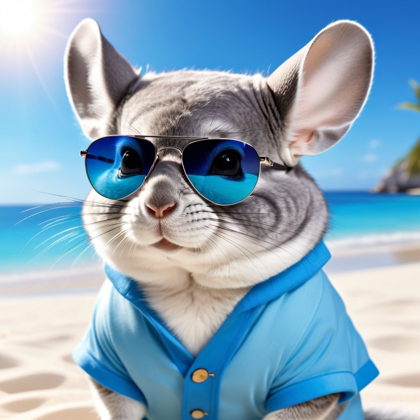 standard grey chinchilla on a beautiful beach with white sand and blue sea, wearing sunglasses.