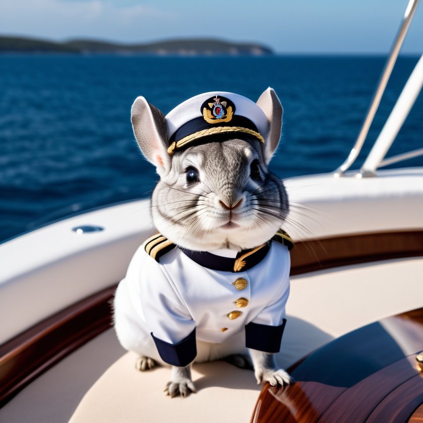 standard grey chinchilla as a captain on a luxury yacht, wearing captain uniform, against a blue sea.