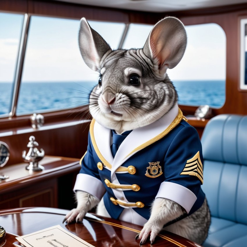 standard grey chinchilla as a captain on a luxury yacht, wearing captain uniform, highly detailed.