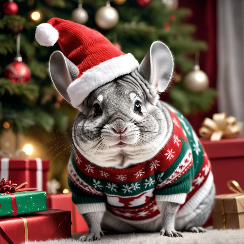 standard grey chinchilla in a christmas sweater and santa hat, lifelike and festive.