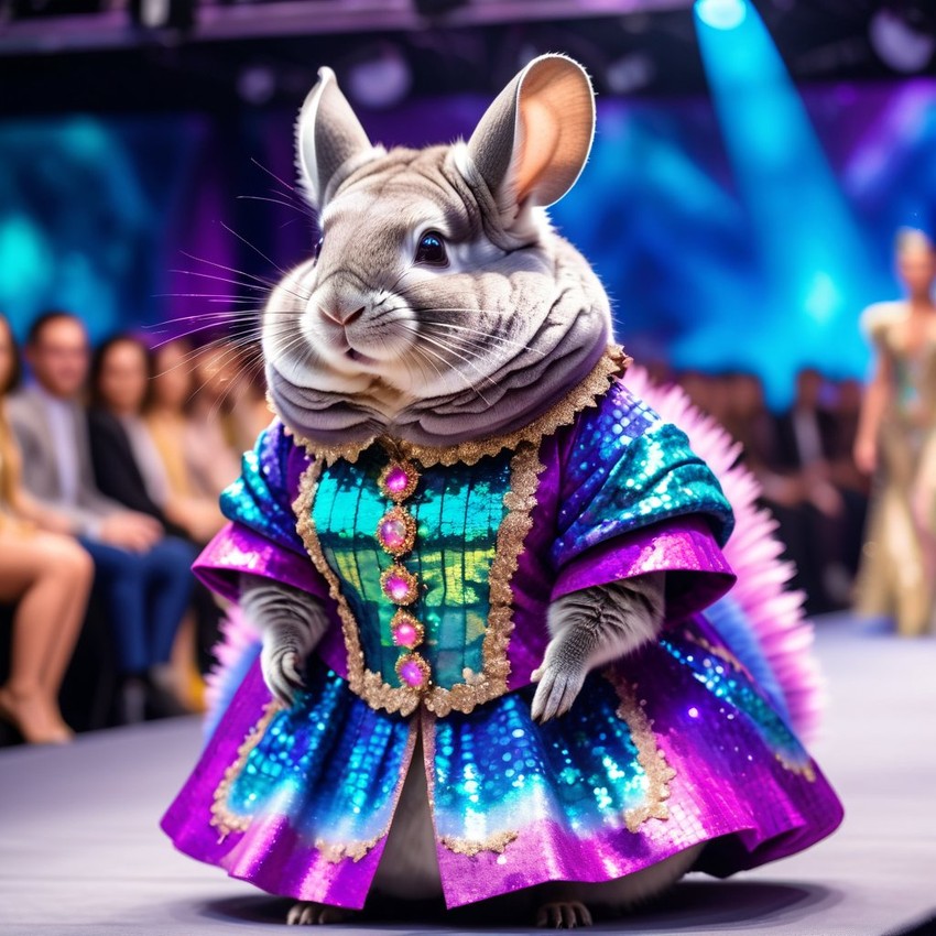 standard grey chinchilla strutting down the fashion show catwalk stage in an extravagant cosmic-themed outfit with iridescent fabrics, high energy and extravagant.