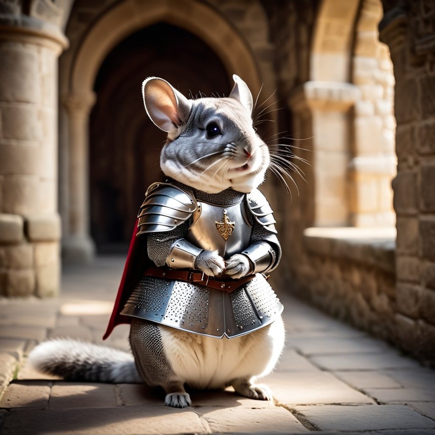 standard grey chinchilla as a medieval knight in a cinematic film still, detailed armor, set in a grand medieval castle.