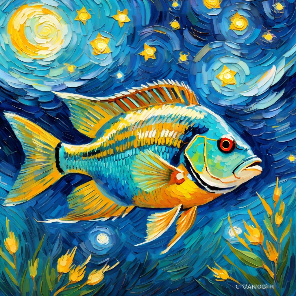 cichlid fish by van gogh, featuring starry night brush strokes, capturing a cute and happy expression.