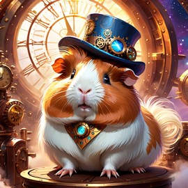 abyssinian guinea pig in a steampunk style, cute and happy, with a magical and painterly quality.