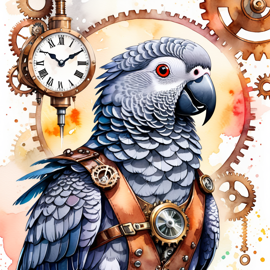 watercolor painting of african grey parrot bird in a steampunk style, vibrant and happy, highly detailed with anime influences.