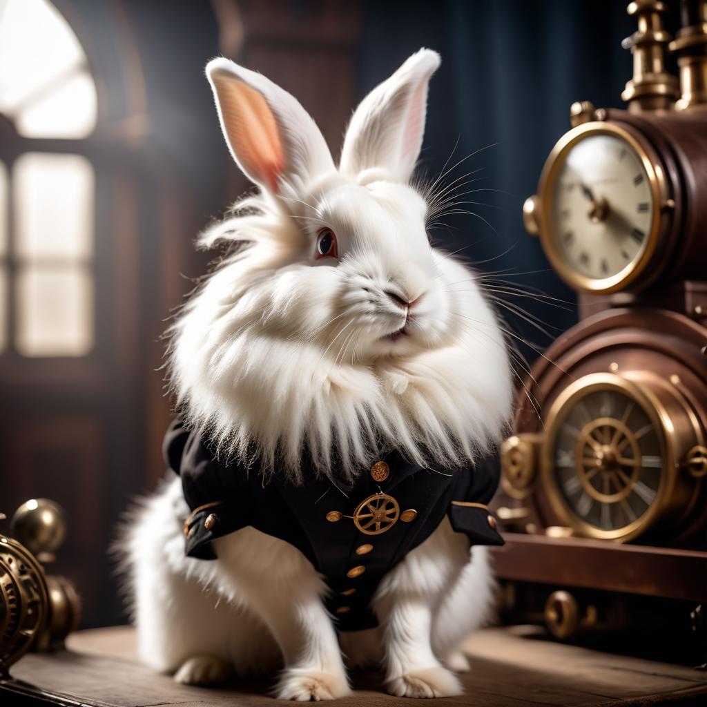 english angora rabbit in a steampunk style, happy, highly detailed, retro-futuristic, with a vintage aesthetic.