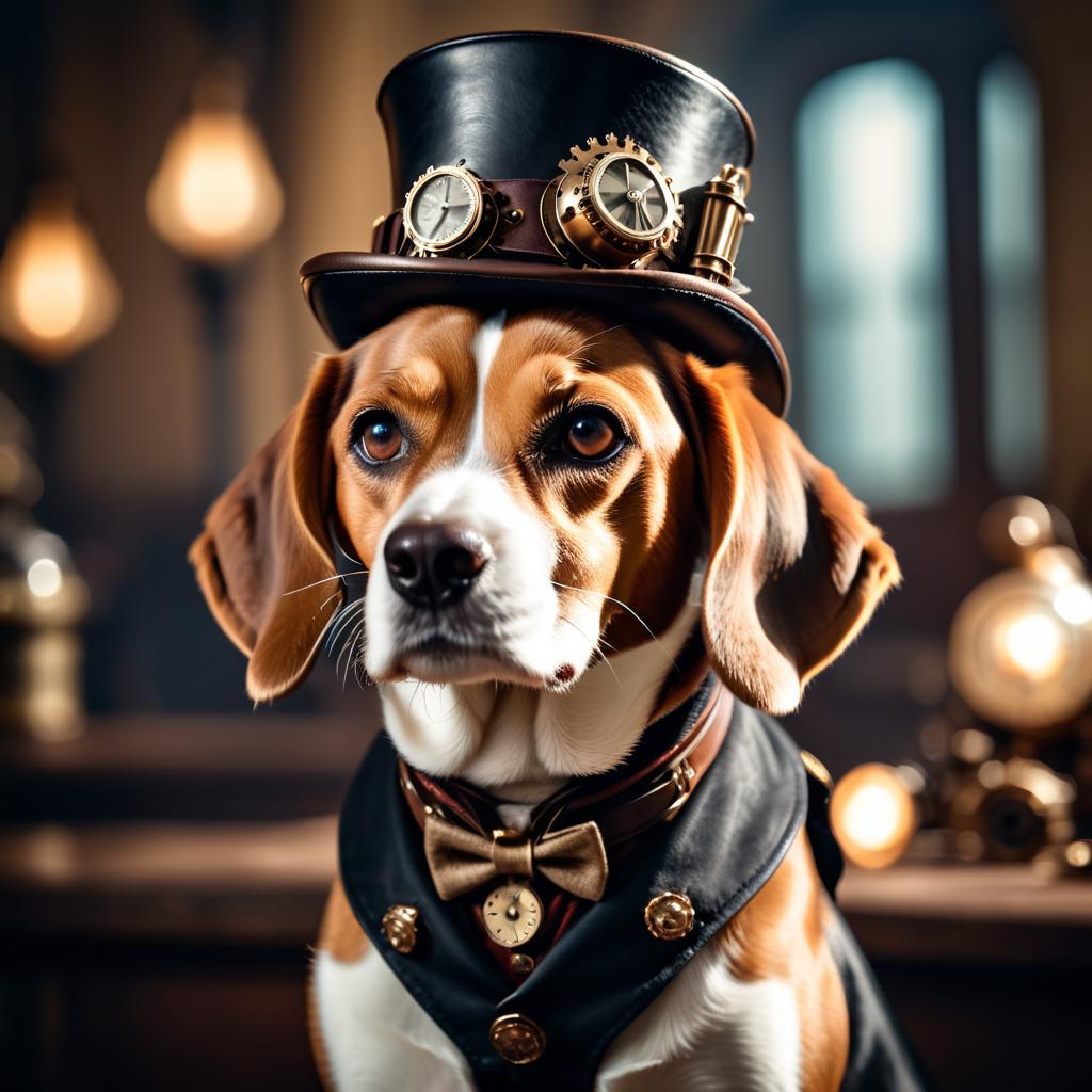 beagle in a steampunk style, happy, highly detailed, retro-futuristic, with a vintage aesthetic.