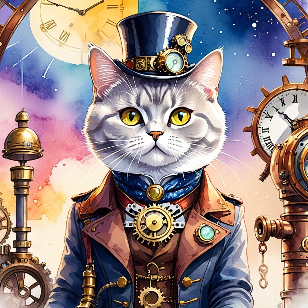 watercolor painting of british shorthair cat in a steampunk style, vibrant and happy, highly detailed with anime influences.