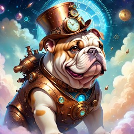 bulldog in a steampunk style, cute and happy, with a magical and painterly quality.