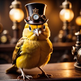 canary bird in a steampunk style, happy, highly detailed, retro-futuristic, with a vintage aesthetic.