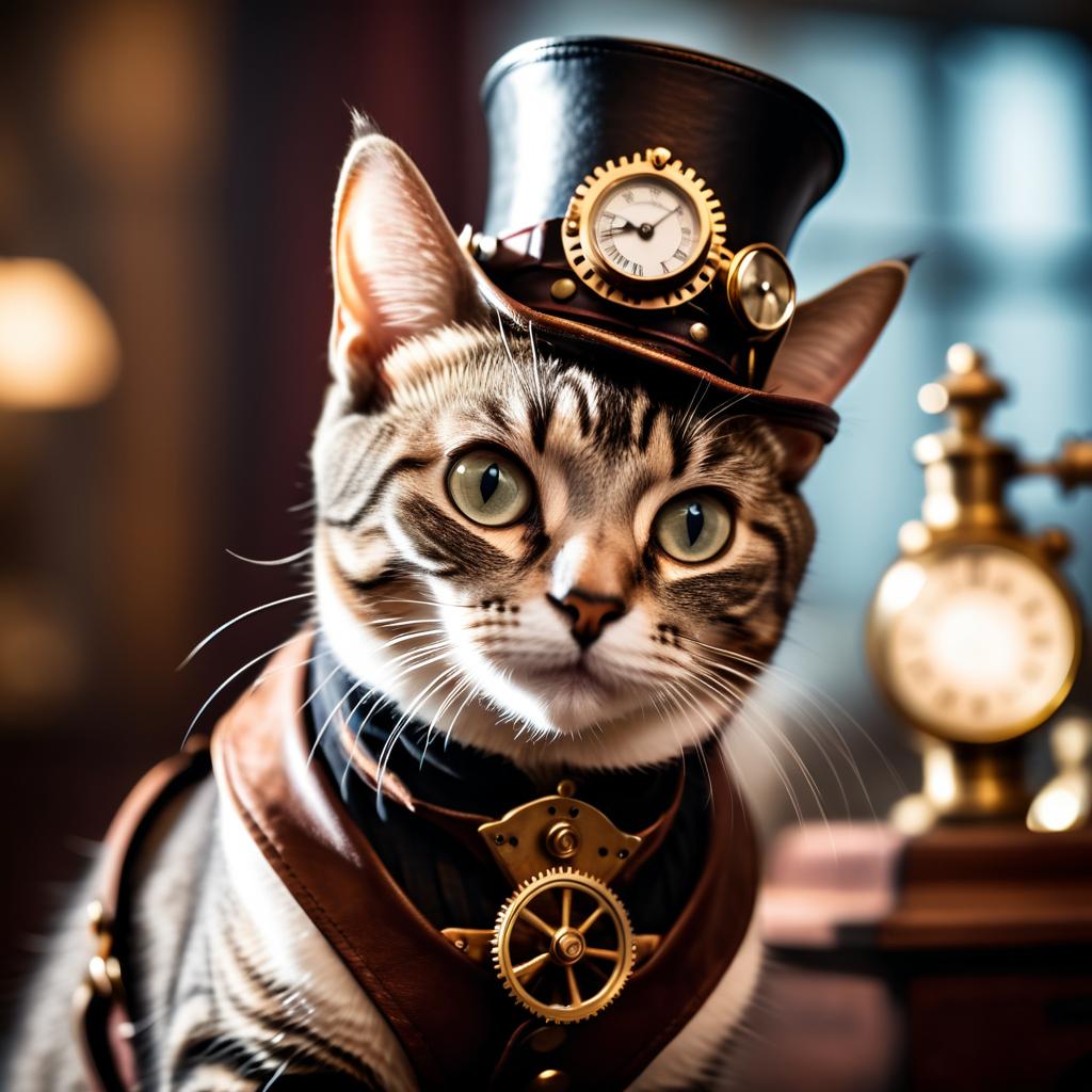 domestic shorthair cat in a steampunk style, happy, highly detailed, retro-futuristic, with a vintage aesthetic.