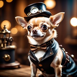 chihuahua in a steampunk style, happy, highly detailed, retro-futuristic, with a vintage aesthetic.