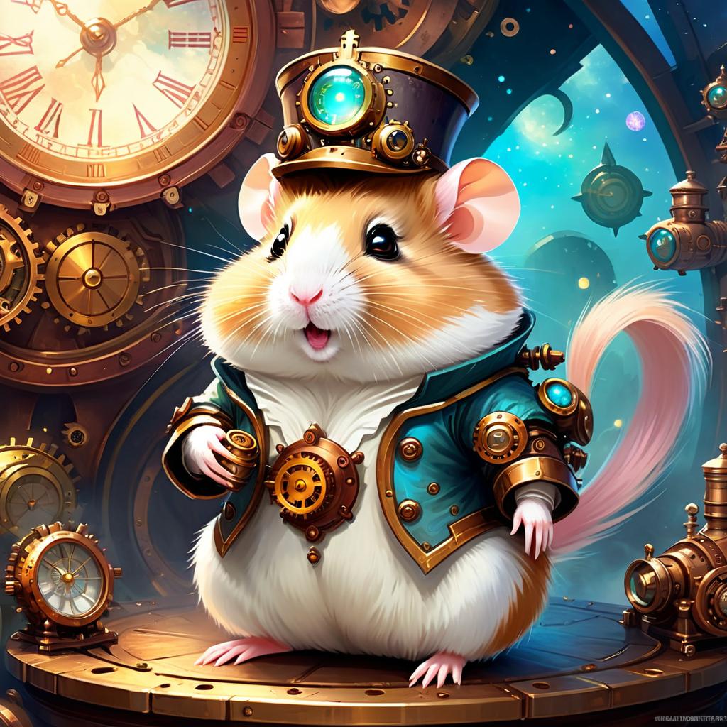 chinese hamster in a steampunk style, cute and happy, with a magical and painterly quality.