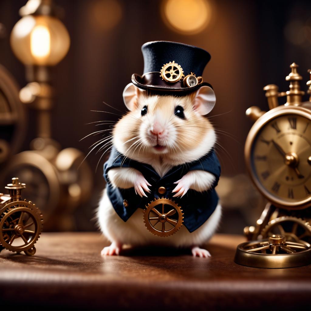 chinese hamster in a steampunk style, happy, highly detailed, retro-futuristic, with a vintage aesthetic.