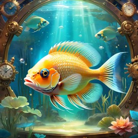 cichlid fish in a steampunk style, cute and happy, with a magical and painterly quality.