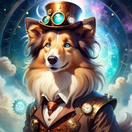 collie in a steampunk style, cute and happy, with a magical and painterly quality.