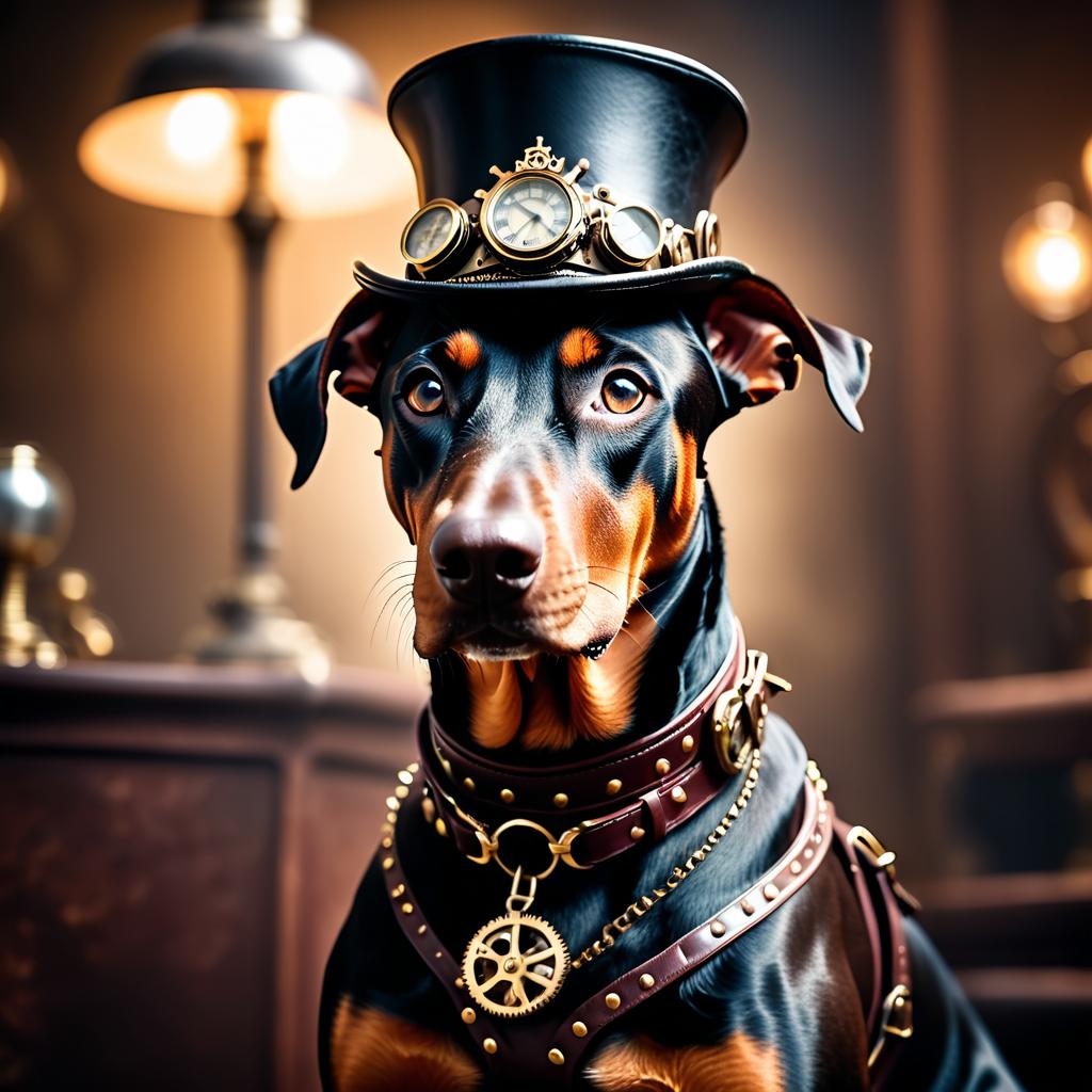 doberman pinscher in a steampunk style, happy, highly detailed, retro-futuristic, with a vintage aesthetic.