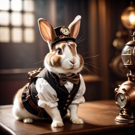 dutch rabbit in a steampunk style, happy, highly detailed, retro-futuristic, with a vintage aesthetic.