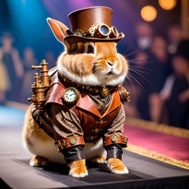 netherland dwarf rabbit strutting down the fashion show catwalk stage in an elaborate steampunk outfit featuring leather harnesses, brass gears, and a top hat, high energy and dramatic.