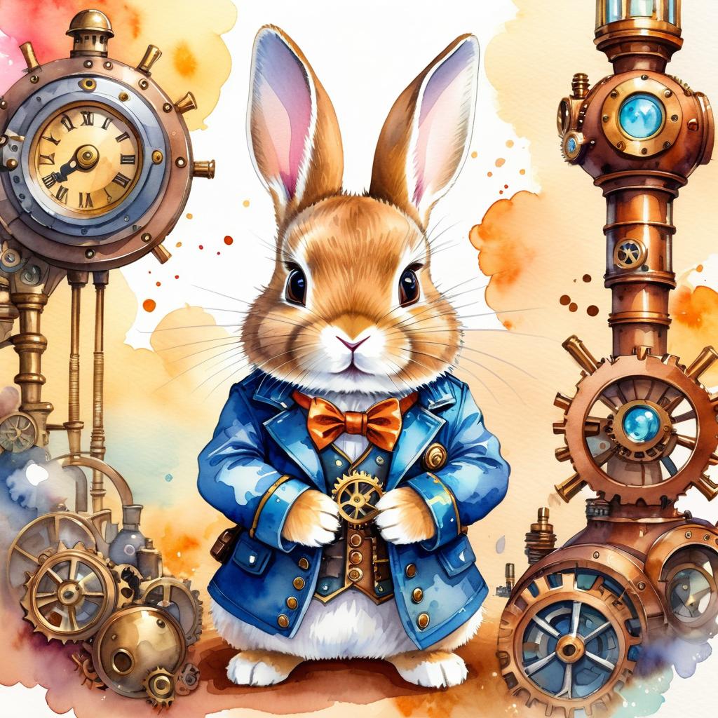 watercolor painting of netherland dwarf rabbit in a steampunk style, vibrant and happy, highly detailed with anime influences.