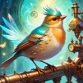 finch bird in a steampunk style, cute and happy, with a magical and painterly quality.