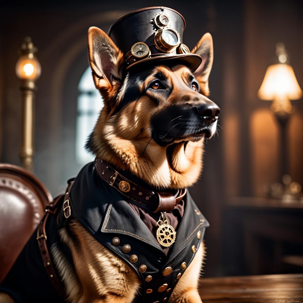 german shepherd in a steampunk style, happy, highly detailed, retro-futuristic, with a vintage aesthetic.