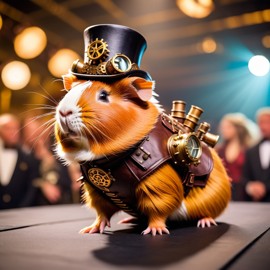 abyssinian guinea pig strutting down the fashion show catwalk stage in an elaborate steampunk outfit featuring leather harnesses, brass gears, and a top hat, high energy and dramatic.