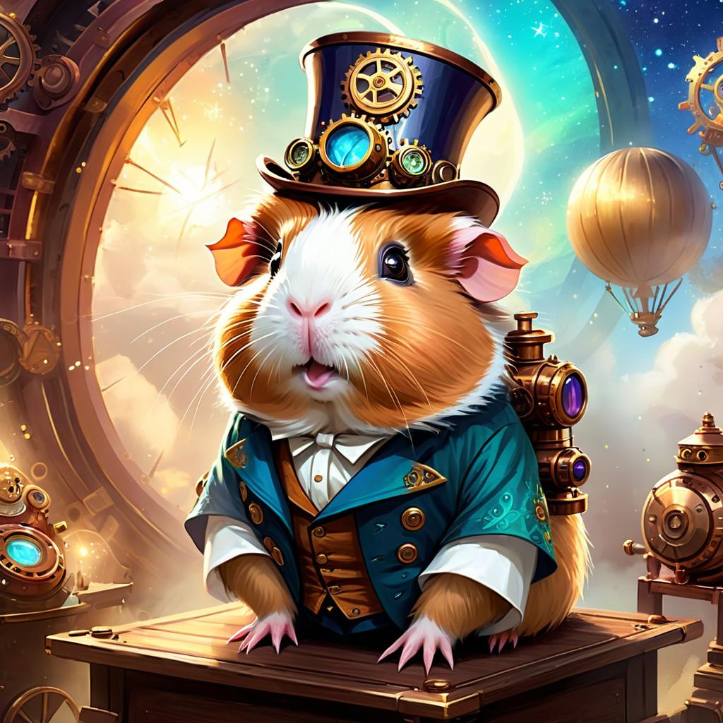 peruvian guinea pig in a steampunk style, cute and happy, with a magical and painterly quality.