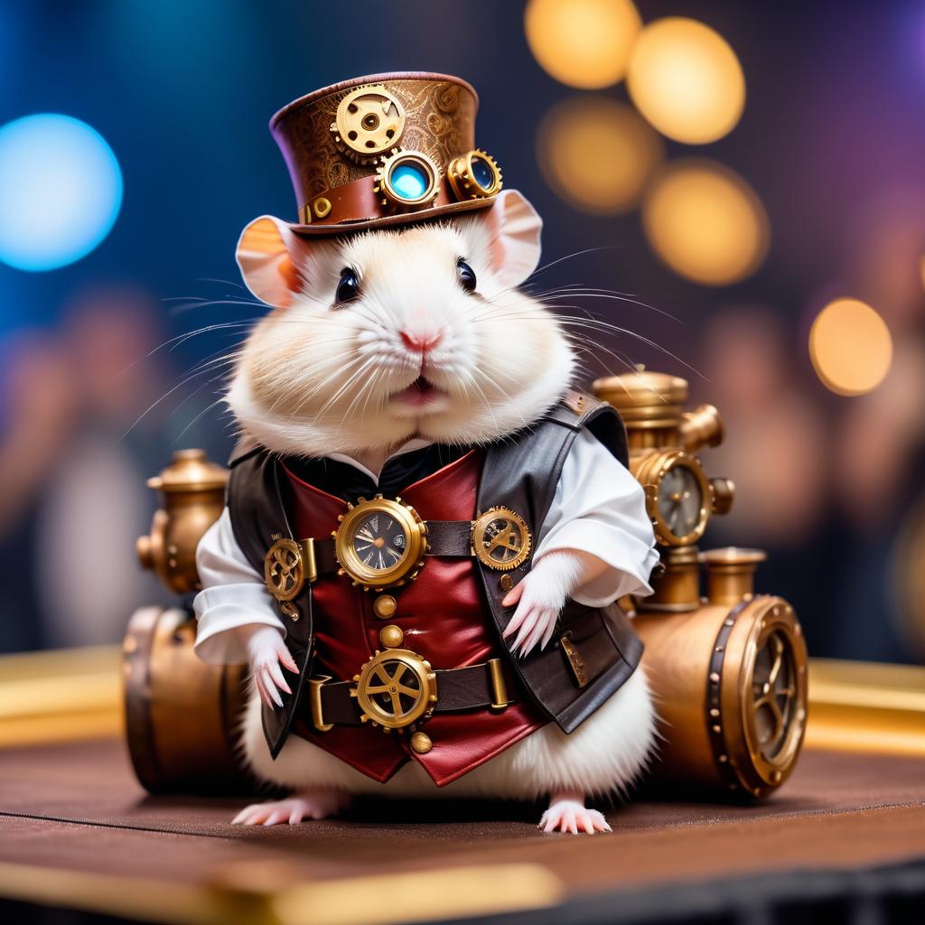 winter white russian dwarf hamster strutting down the fashion show catwalk stage in an elaborate steampunk outfit featuring leather harnesses, brass gears, and a top hat, high energy and dramatic.