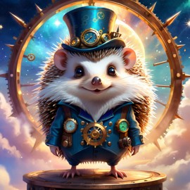 european hedgehog in a steampunk style, cute and happy, with a magical and painterly quality.