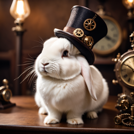 holland lop rabbit in a steampunk style, happy, highly detailed, retro-futuristic, with a vintage aesthetic.