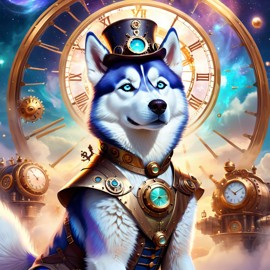 siberian husky in a steampunk style, cute and happy, with a magical and painterly quality.