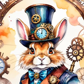 watercolor painting of lionhead rabbit in a steampunk style, vibrant and happy, highly detailed with anime influences.