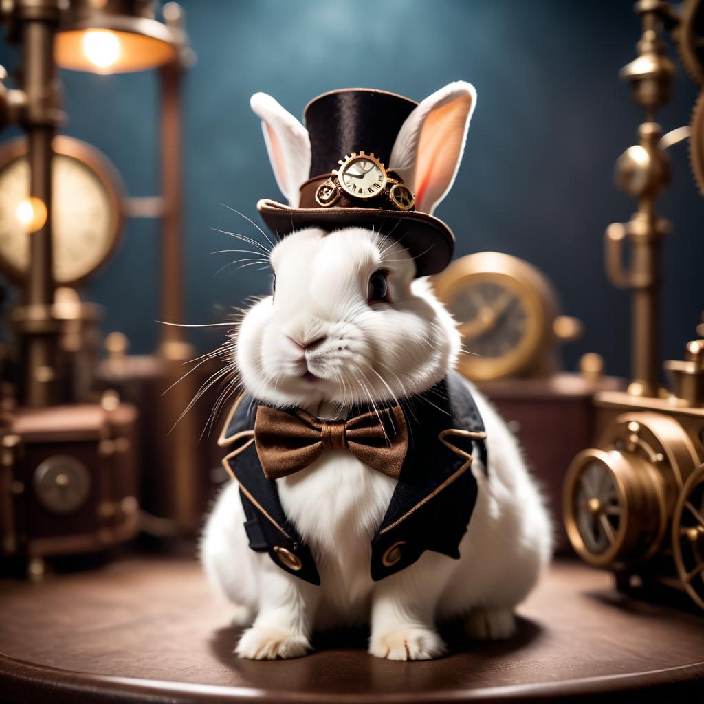 mini lop rabbit in a steampunk style, happy, highly detailed, retro-futuristic, with a vintage aesthetic.