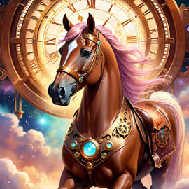 morgan horse in a steampunk style, cute and happy, with a magical and painterly quality.