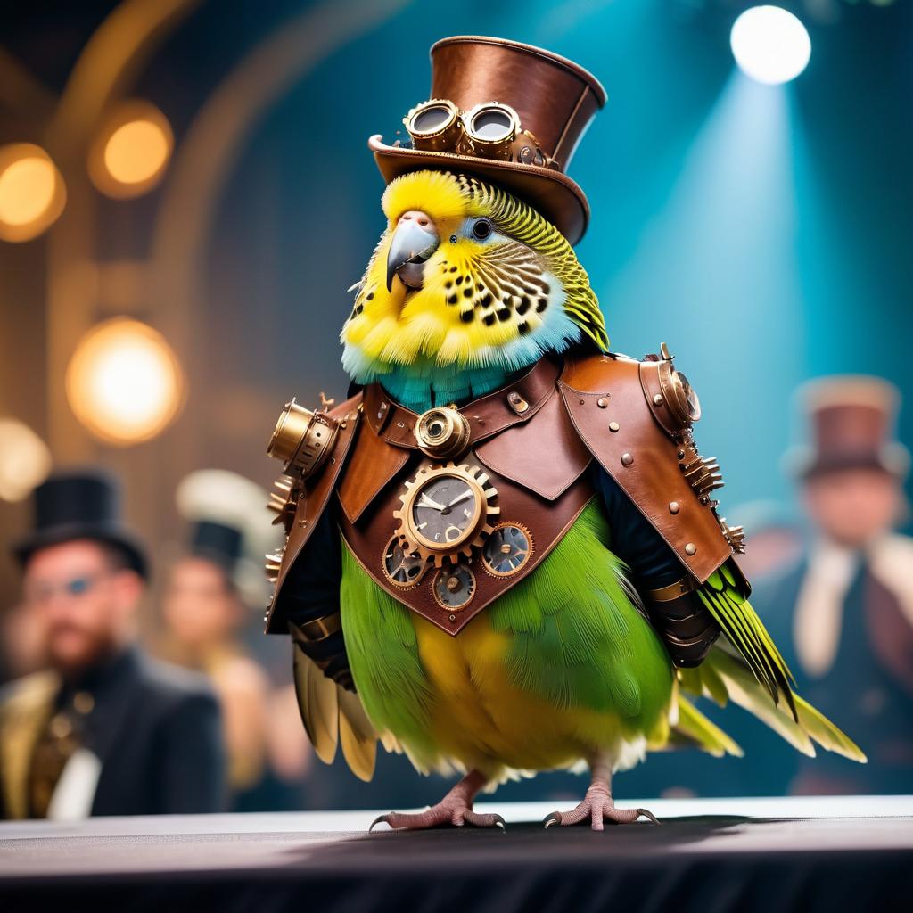 parakeet (budgerigar) bird strutting down the fashion show catwalk stage in an elaborate steampunk outfit featuring leather harnesses, brass gears, and a top hat, high energy and dramatic.