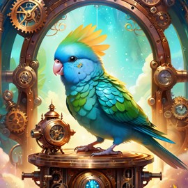 parrotlet bird in a steampunk style, cute and happy, with a magical and painterly quality.