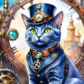 watercolor painting of russian blue cat in a steampunk style, vibrant and happy, highly detailed with anime influences.