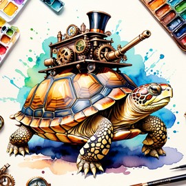 watercolor painting of russian tortoise turtle/tortoise in a steampunk style, vibrant and happy, highly detailed with anime influences.