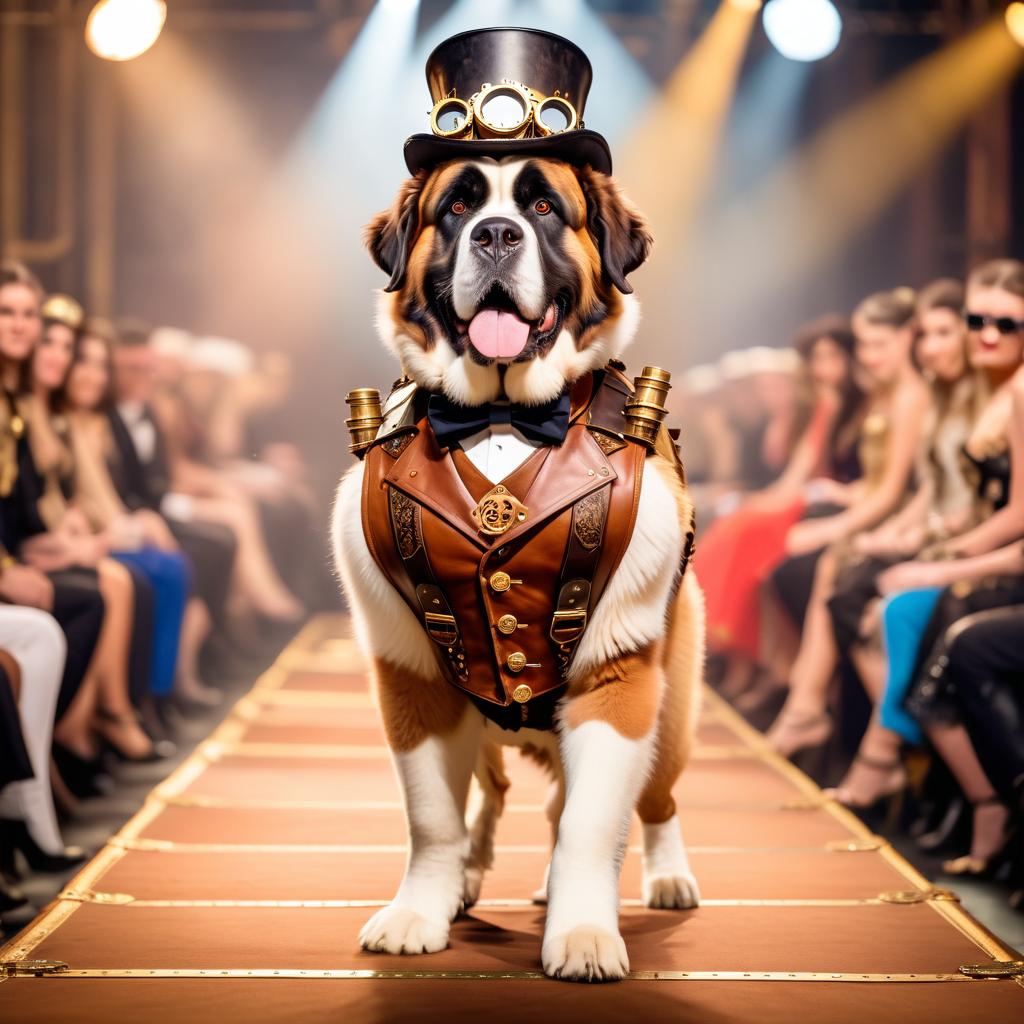 saint bernard strutting down the fashion show catwalk stage in an elaborate steampunk outfit featuring leather harnesses, brass gears, and a top hat, high energy and dramatic.