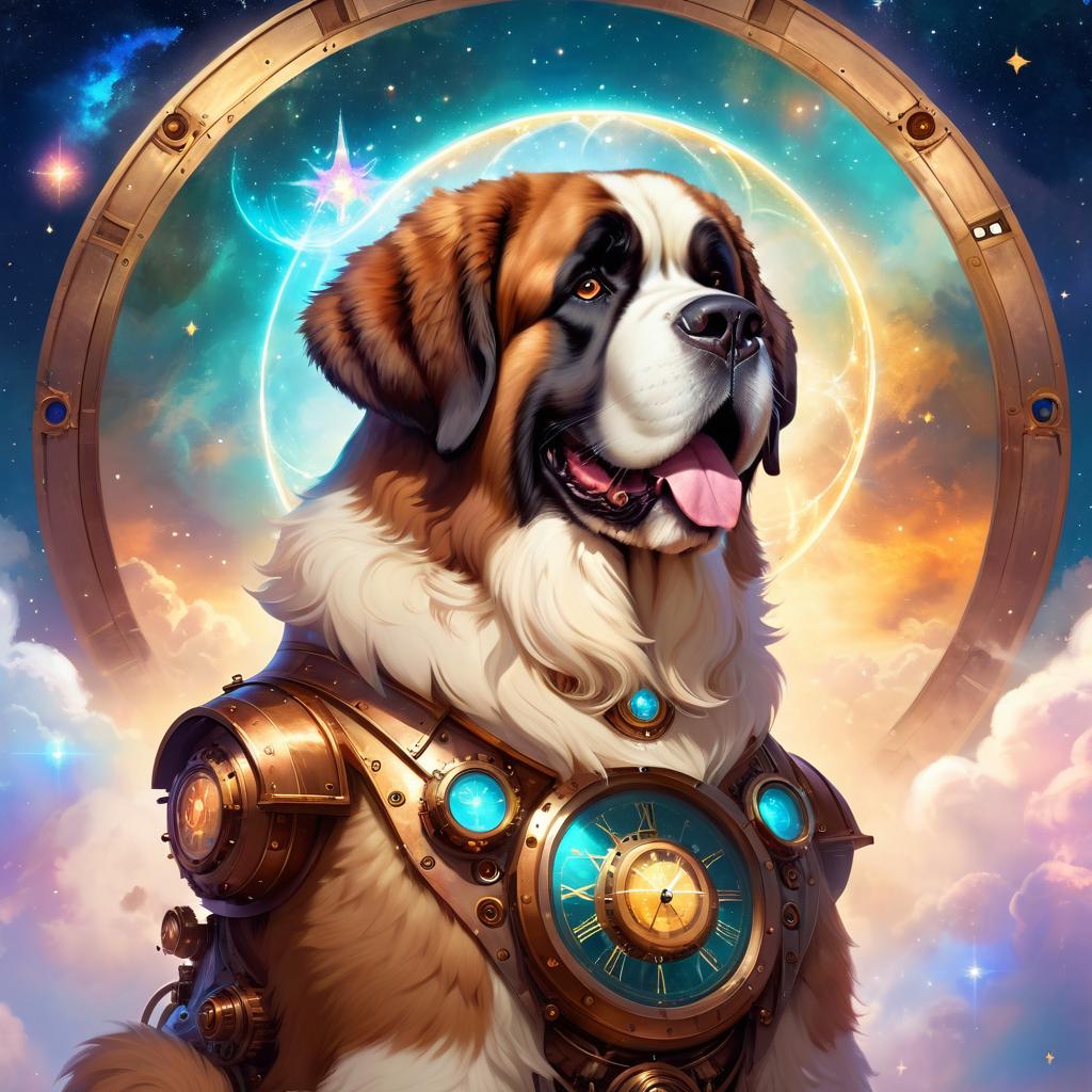 saint bernard in a steampunk style, cute and happy, with a magical and painterly quality.