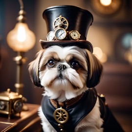 shih tzu in a steampunk style, happy, highly detailed, retro-futuristic, with a vintage aesthetic.