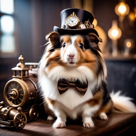 silkie (sheltie) guinea pig in a steampunk style, happy, highly detailed, retro-futuristic, with a vintage aesthetic.