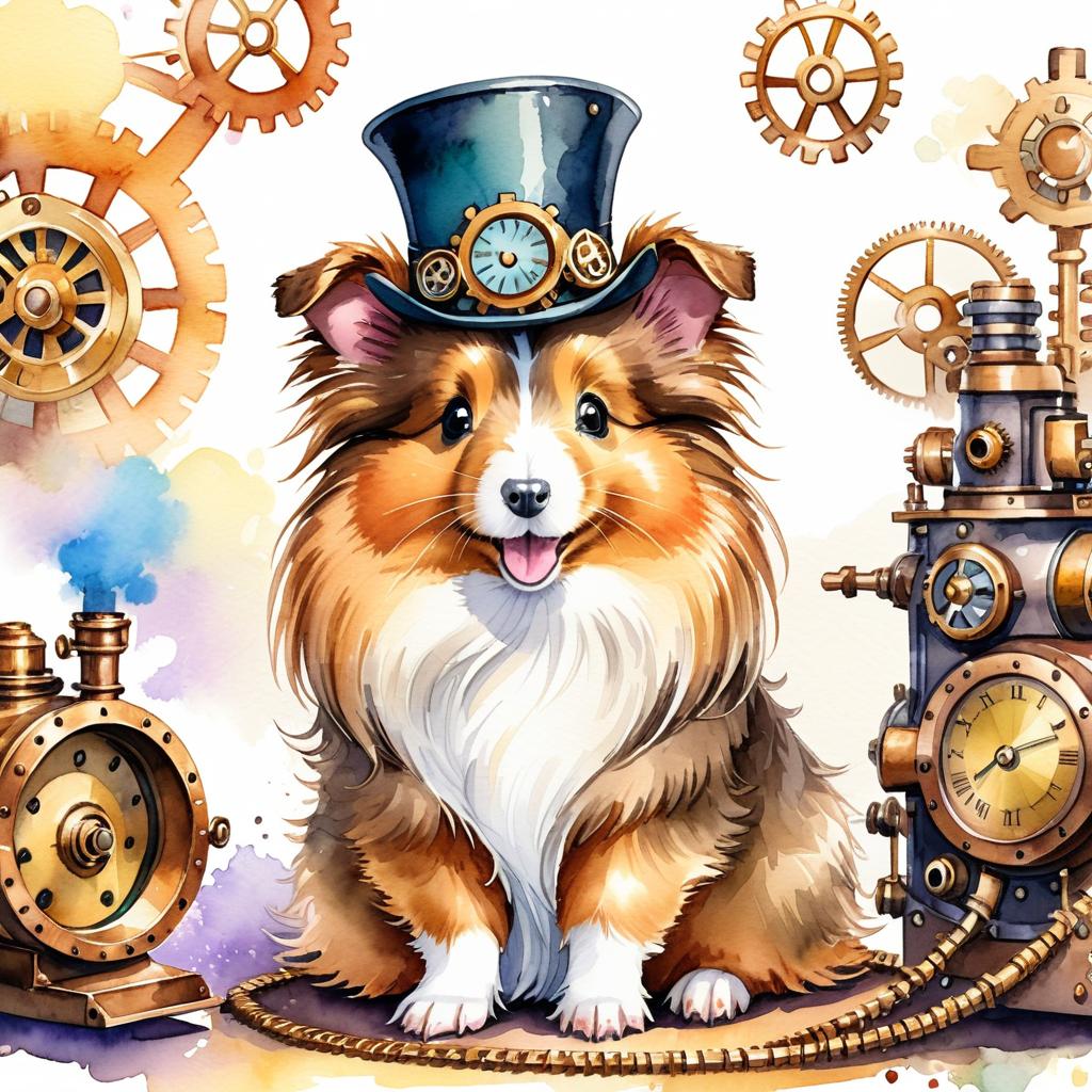 watercolor painting of silkie (sheltie) guinea pig in a steampunk style, vibrant and happy, highly detailed with anime influences.