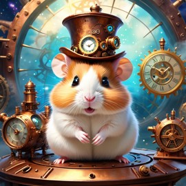 syrian hamster in a steampunk style, cute and happy, with a magical and painterly quality.