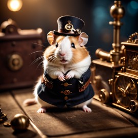 syrian hamster in a steampunk style, happy, highly detailed, retro-futuristic, with a vintage aesthetic.